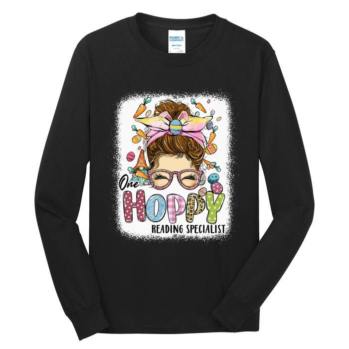 One Hoppy Reading Specialist Leopard Bunny Messy Bun Easter Tall Long Sleeve T-Shirt