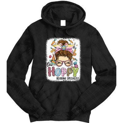 One Hoppy Reading Specialist Leopard Bunny Messy Bun Easter Tie Dye Hoodie