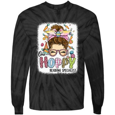 One Hoppy Reading Specialist Leopard Bunny Messy Bun Easter Tie-Dye Long Sleeve Shirt