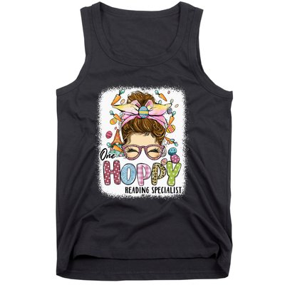 One Hoppy Reading Specialist Leopard Bunny Messy Bun Easter Tank Top