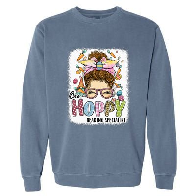 One Hoppy Reading Specialist Leopard Bunny Messy Bun Easter Garment-Dyed Sweatshirt