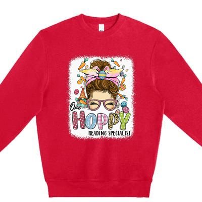 One Hoppy Reading Specialist Leopard Bunny Messy Bun Easter Premium Crewneck Sweatshirt