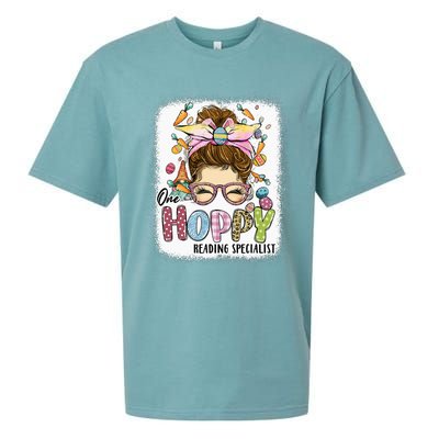 One Hoppy Reading Specialist Leopard Bunny Messy Bun Easter Sueded Cloud Jersey T-Shirt