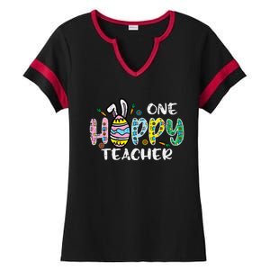 One Hoppy Teacher Cute Happy Easter Day Egg Bunny Ears Ladies Halftime Notch Neck Tee