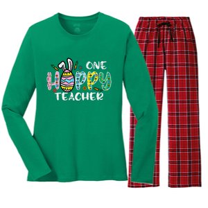 One Hoppy Teacher Cute Happy Easter Day Egg Bunny Ears Women's Long Sleeve Flannel Pajama Set 