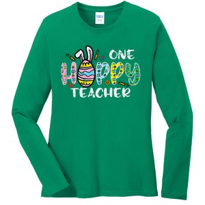 One Hoppy Teacher Cute Happy Easter Day Egg Bunny Ears Ladies Long Sleeve Shirt