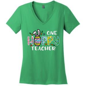 One Hoppy Teacher Cute Happy Easter Day Egg Bunny Ears Women's V-Neck T-Shirt