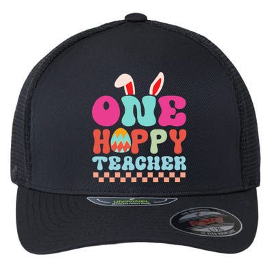 One Hoppy Teacher Groovy Retro Teacher Easter Day Flexfit Unipanel Trucker Cap