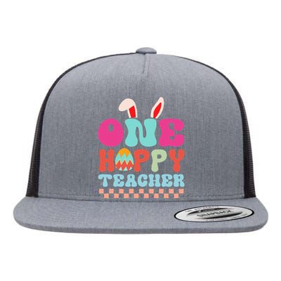 One Hoppy Teacher Groovy Retro Teacher Easter Day Flat Bill Trucker Hat