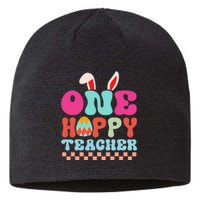 One Hoppy Teacher Groovy Retro Teacher Easter Day Sustainable Beanie