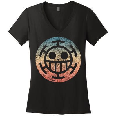 One Heart Trafalgar Sunset Pirate Jolly Roger Women's V-Neck T-Shirt