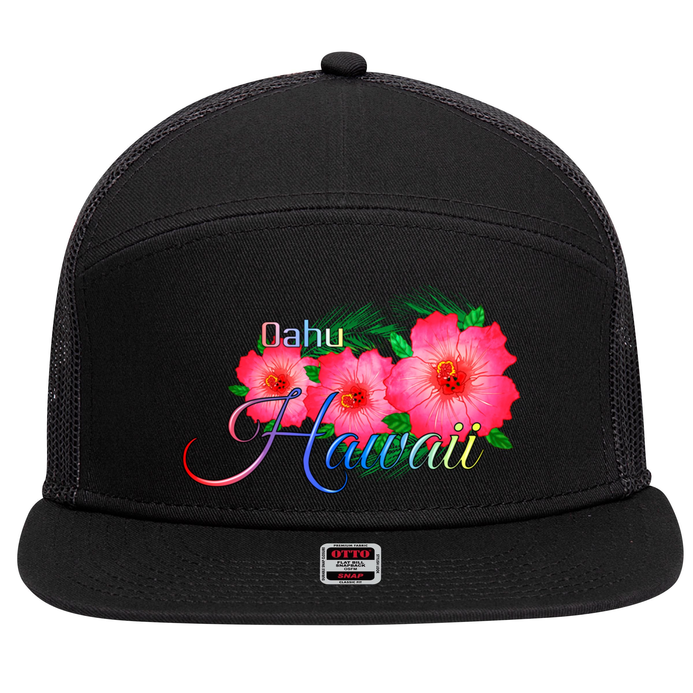 Oahu Hawaii Tropical Flowers Family Vacation Gift 7 Panel Mesh Trucker Snapback Hat