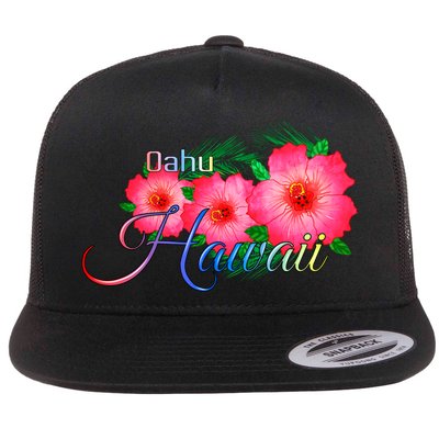 Oahu Hawaii Tropical Flowers Family Vacation Gift Flat Bill Trucker Hat