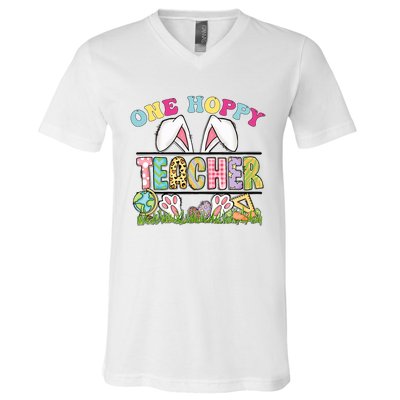 One Hoppy Teacher Rainbow Funny Teacher Easter Day 2024 V-Neck T-Shirt