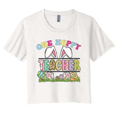 One Hoppy Teacher Rainbow Funny Teacher Easter Day 2024 Women's Crop Top Tee