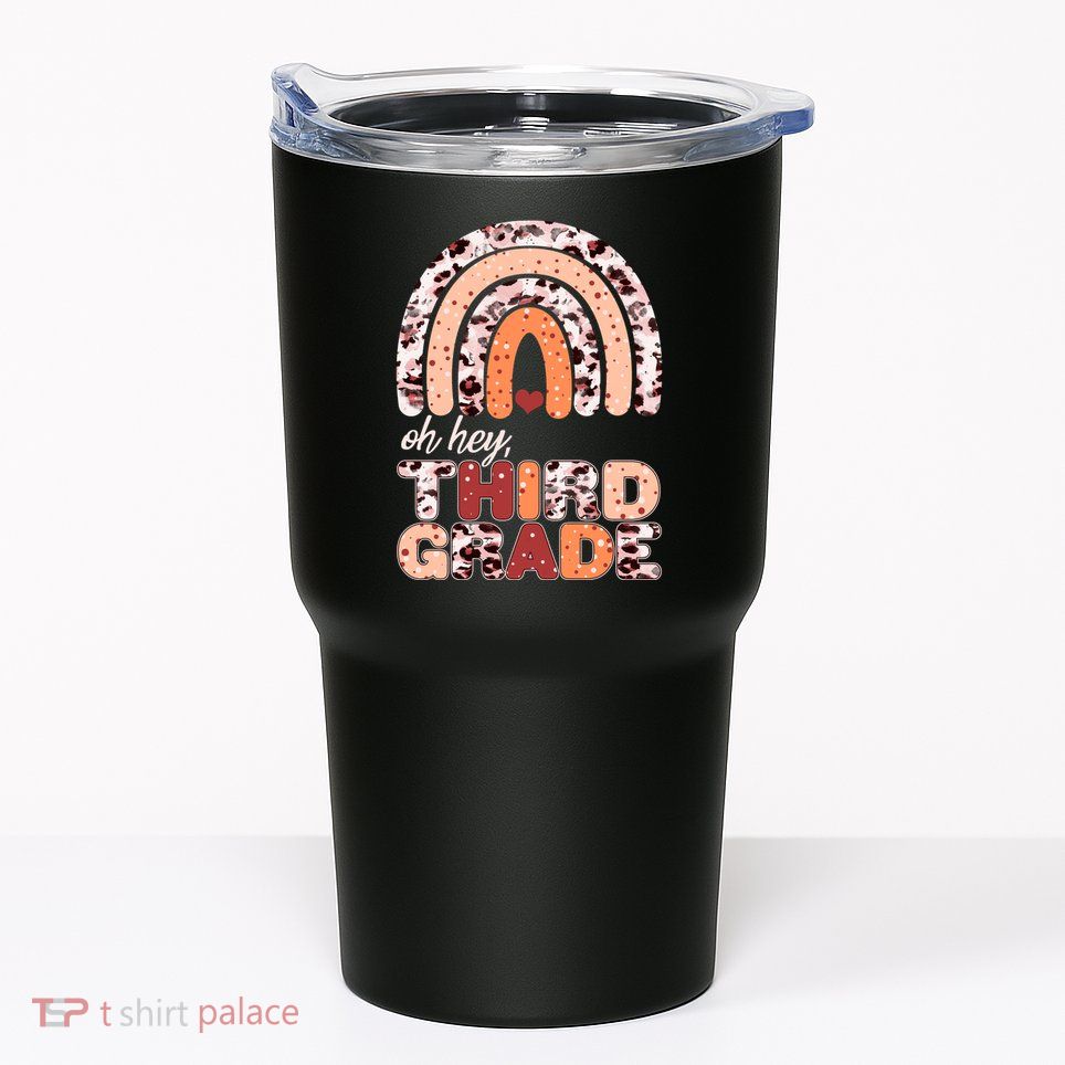 Oh Hey Third Grade Leopard Print Pattern Rainbow Tumbler