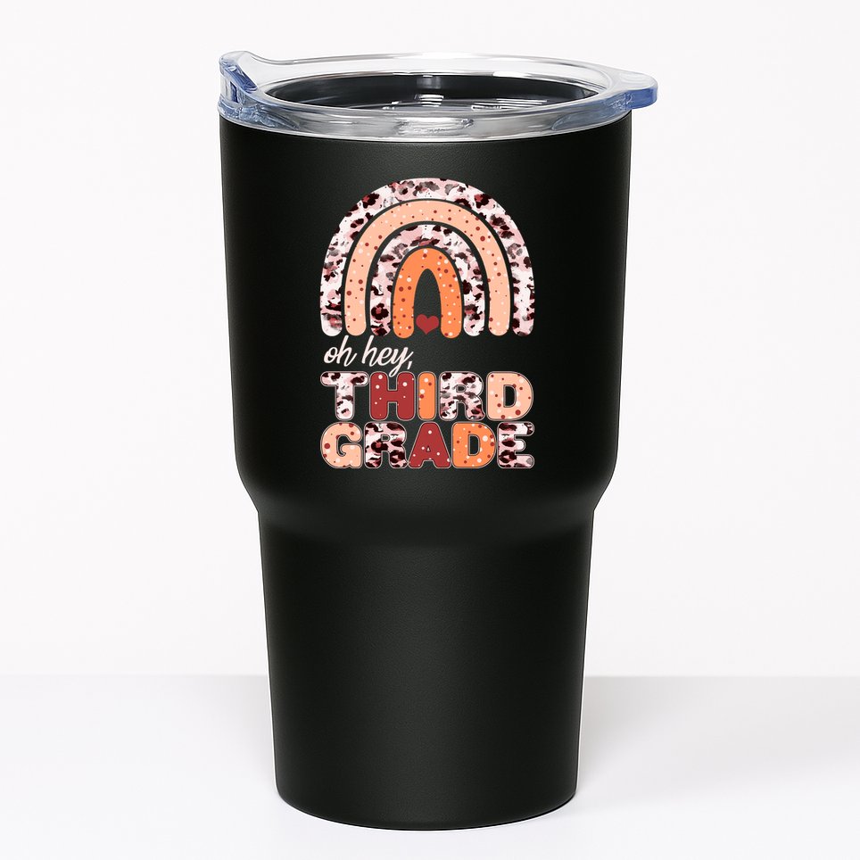 Oh Hey Third Grade Leopard Print Pattern Rainbow Tumbler
