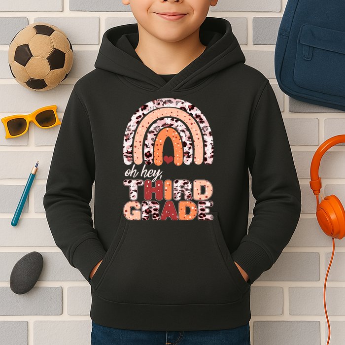 Oh Hey Third Grade Leopard Print Pattern Rainbow Kids Hoodie