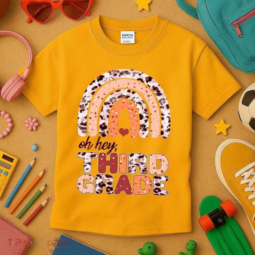 Oh Hey Third Grade Leopard Print Pattern Rainbow Kids T-Shirt