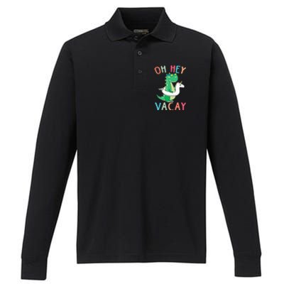 Oh Hey Vacay Dinosaur Unicorn Tropical Summer Funny Gift Performance Long Sleeve Polo