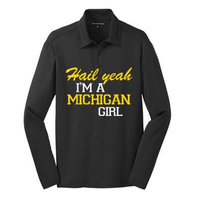 Oh Hail Yeah Michigan Michigander Pride Distressed Silk Touch Performance Long Sleeve Polo