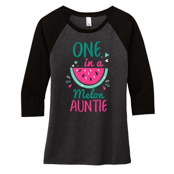 One In A Melon Auntie Watermelon Family Matching Women's Tri-Blend 3/4-Sleeve Raglan Shirt