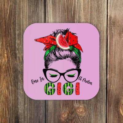 One In A Melon Gigi Messy Bun Watermelon Summer Vibes Coaster