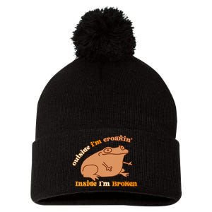 Outside IM Croakin Inside IM Broken Humor Frog Tees Pom Pom 12in Knit Beanie