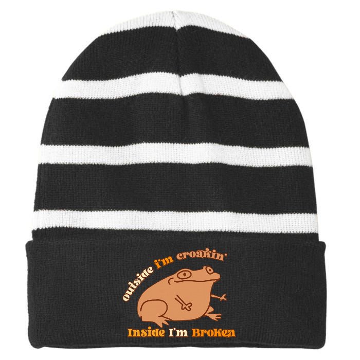 Outside IM Croakin Inside IM Broken Humor Frog Tees Striped Beanie with Solid Band