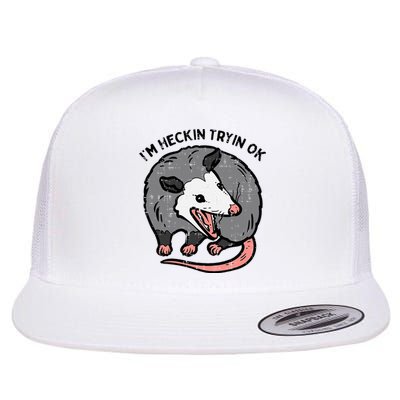 Opossum Im Heckin Tryin Ok Possum S.T.R.E.E.T Cat Flat Bill Trucker Hat