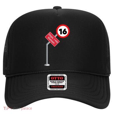 Oops I Hit Sixteen Funny 16th Birthday Boy Girl New Drivers High Crown Mesh Back Trucker Hat