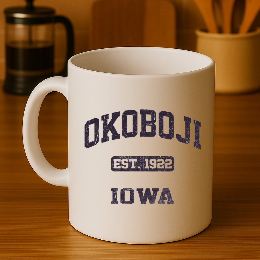 Okoboji Iowa IA vintage State Athletic style Mug