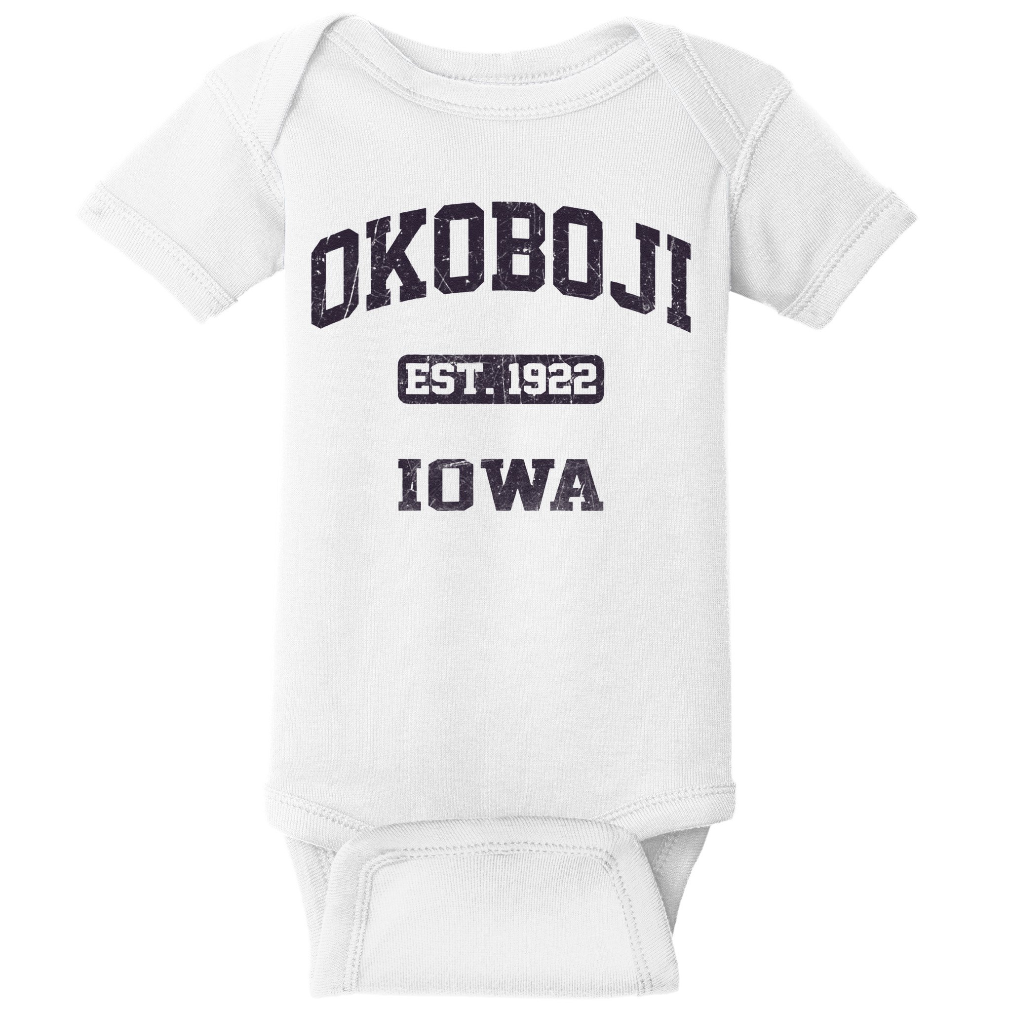 Okoboji Iowa IA vintage State Athletic style Baby Bodysuit