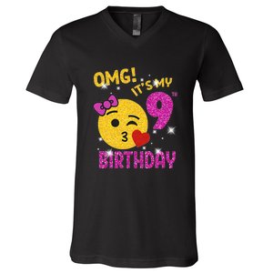 OMG It's My 9th Birthday Girl Cute 9 Yrs Old Birthday Party V-Neck T-Shirt