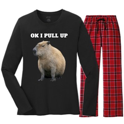 Ok I Pull Up Capybara Women's Long Sleeve Flannel Pajama Set 