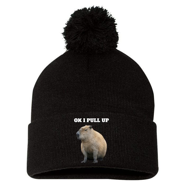 Ok I Pull Up Capybara Pom Pom 12in Knit Beanie