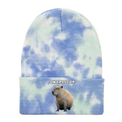 Ok I Pull Up Capybara Gift Funny Capybara Meme Ok I Pull Up Tie Dye 12in Knit Beanie