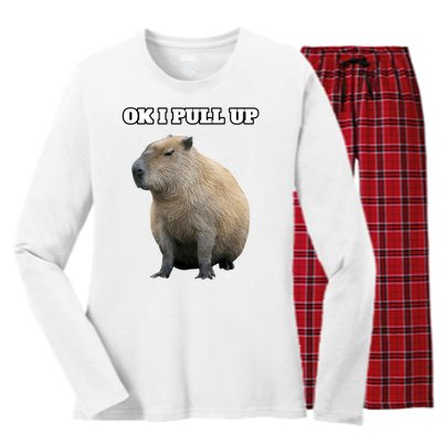 Ok I Pull Up Capybara Gift Funny Capybara Meme Ok I Pull Up Women's Long Sleeve Flannel Pajama Set 