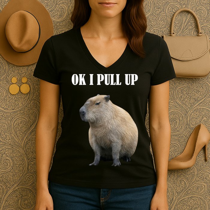 Ok I Pull Up Capybara Funny Women's V-Neck T-Shirt