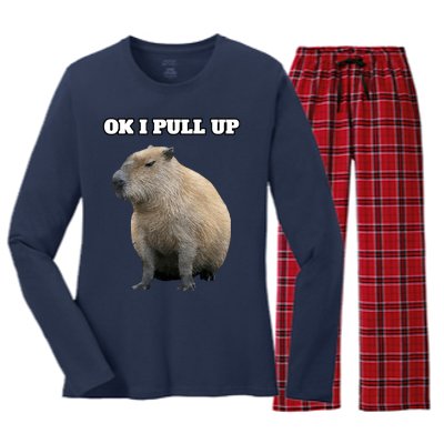 Ok I Pull Up Capybara Women's Long Sleeve Flannel Pajama Set 