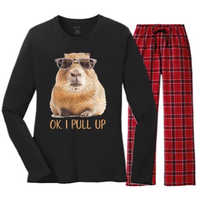 Ok I Pull Up Capybara Women's Long Sleeve Flannel Pajama Set 