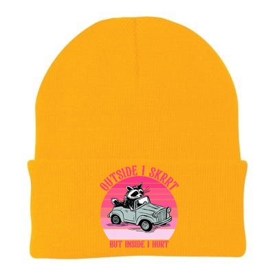 Outside I Skrrt But Inside I Hurt Funny Racoon Vintage Design Knit Cap Winter Beanie