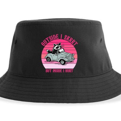 Outside I Skrrt But Inside I Hurt Funny Racoon Vintage Design Sustainable Bucket Hat