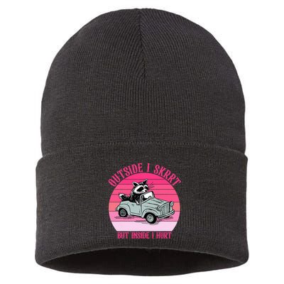 Outside I Skrrt But Inside I Hurt Funny Racoon Vintage Design Sustainable Knit Beanie