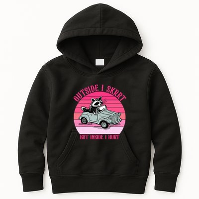 Outside I Skrrt But Inside I Hurt Funny Racoon Vintage Design Kids Hoodie