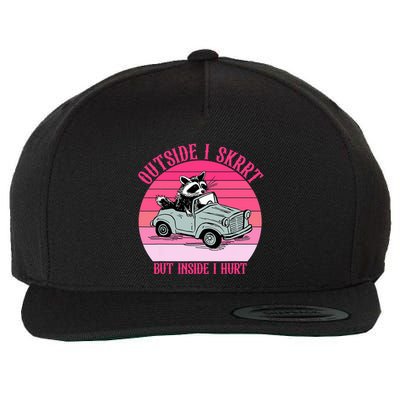 Outside I Skrrt But Inside I Hurt Funny Racoon Vintage Design Wool Snapback Cap