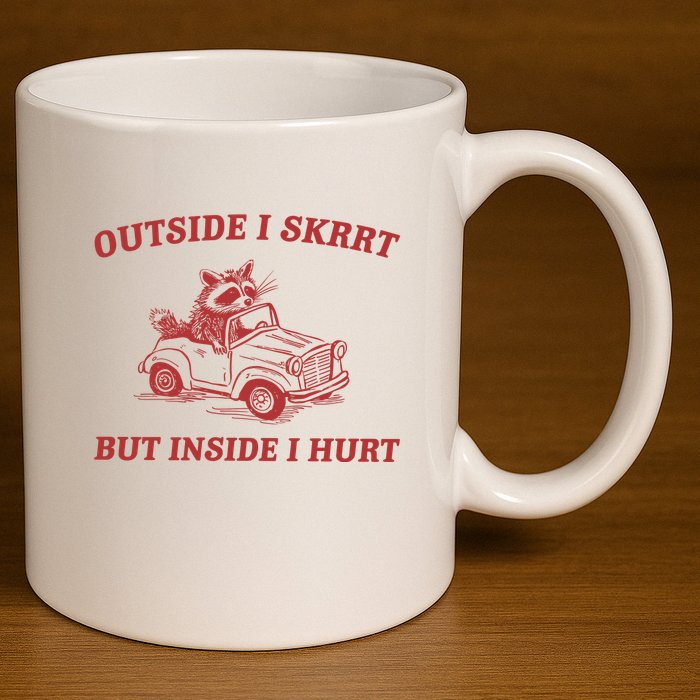 Outside I Skrrt Inside I Hurt Raccoon 11oz C Handle Ceramic Mug