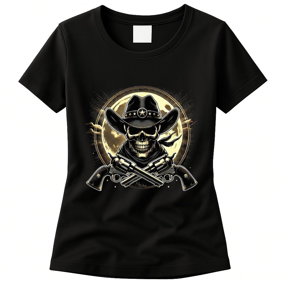 Outlaw Justice Cowboy Skull Guns For Western Lovers Womens T-Shirt