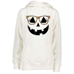 Orange Jack O Lantern Face Pumpkin Hallowen Leopard Glasses Womens Funnel Neck Pullover Hood