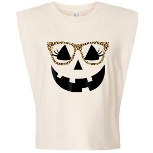 Orange Jack O Lantern Face Pumpkin Hallowen Leopard Glasses Garment-Dyed Women's Muscle Tee